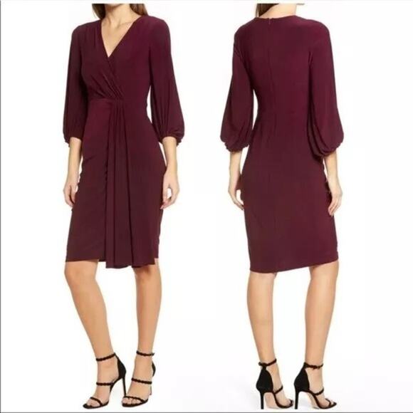 Eliza J Faux Wrap Dress Pleated Ruched 3/4 Sleeve Knee Length Sheath Wine Red 2 - Picture 3 of 8